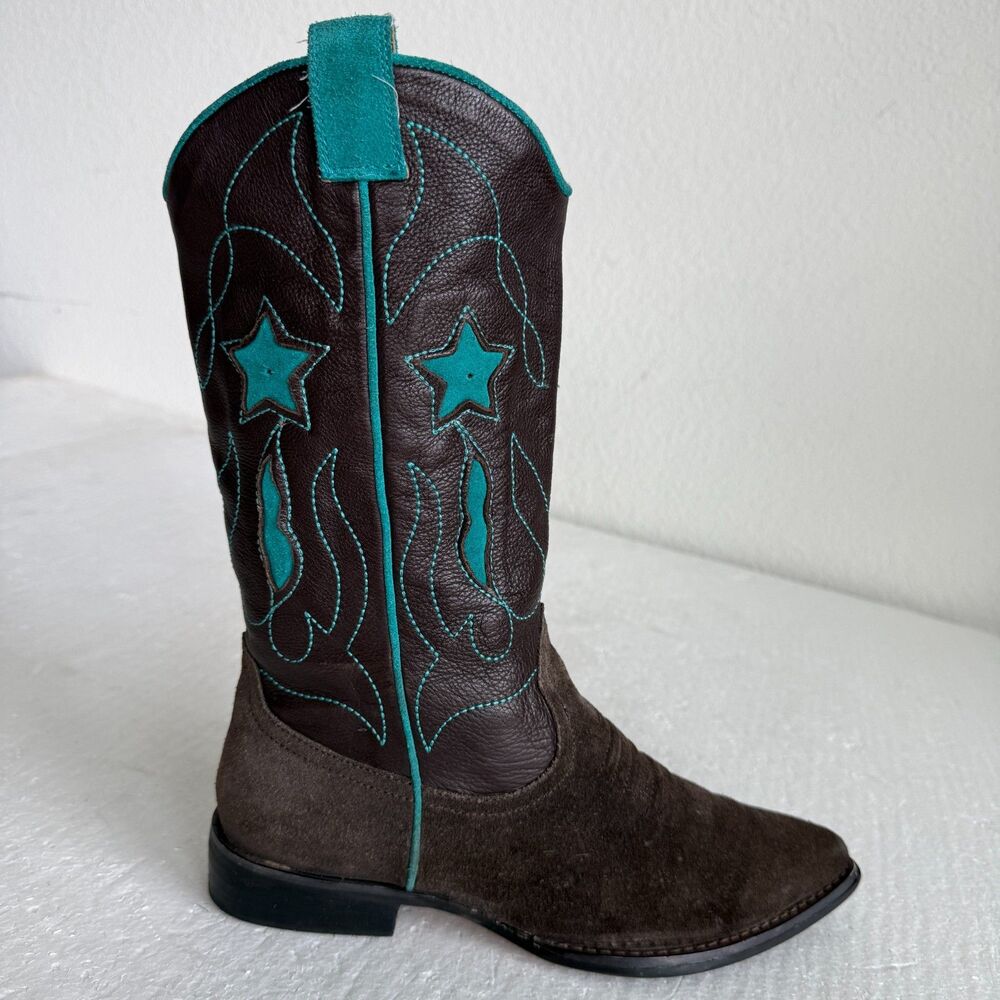 Brown Suede & Leather Cowboy Boots Turquoise Star Embroidery Women’s Size 38 - Picture 4 of 13